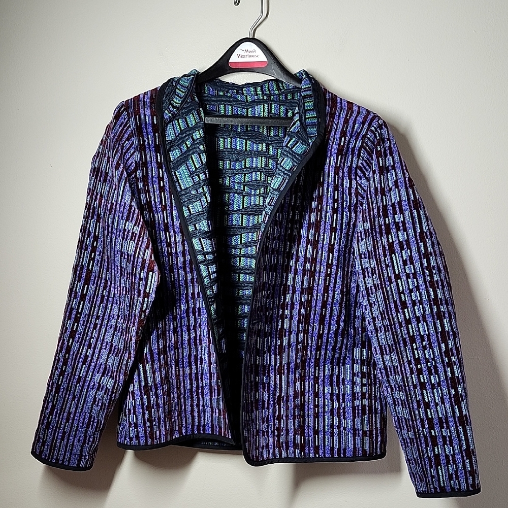 Vintage Reversible Women Multicolor Blazer Single Button Close Manderine Collar